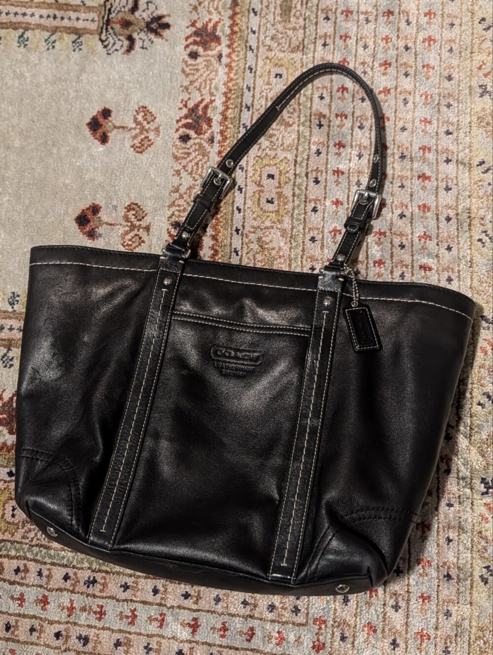 Vintage Coach Black Leather Tote with Contrast Stitching